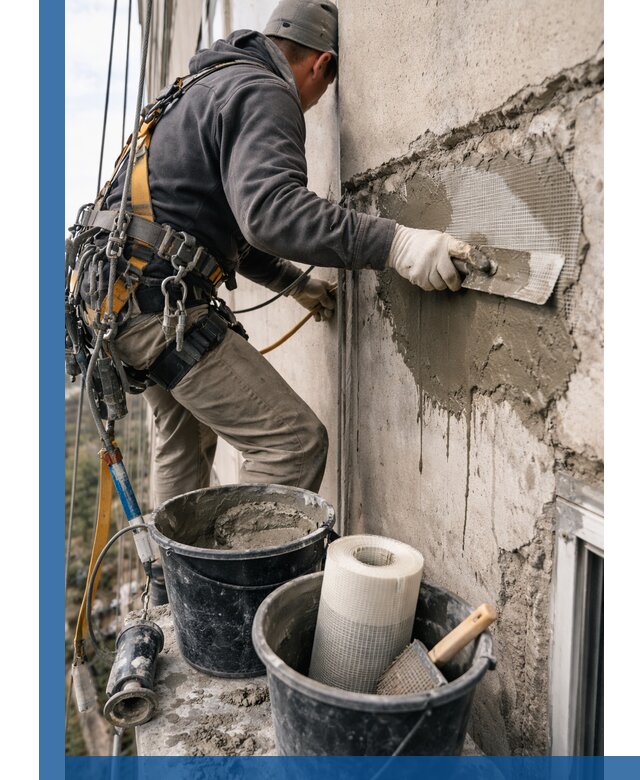 Ремонт бетонных элементов фасада промышленными альпинистами в Изобильном