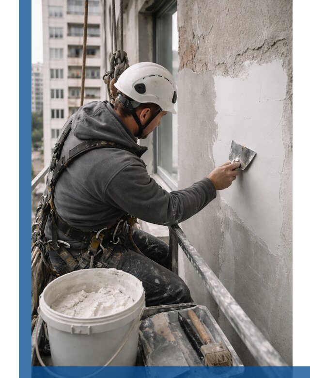 Шпаклевка фасадов на высоте с промальпинистами в Изобильном