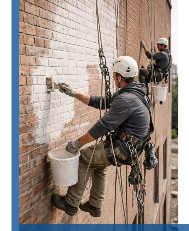 Покраска кирпичного фасада с доступным альпинистским сервисом в Изобильном