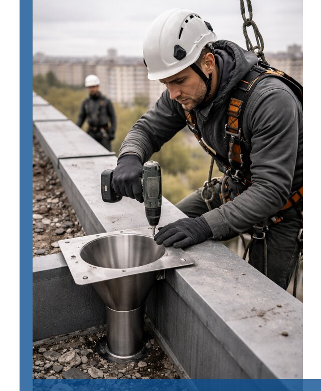 Монтаж водосточных воронок в Изобильном для промышленных зданий