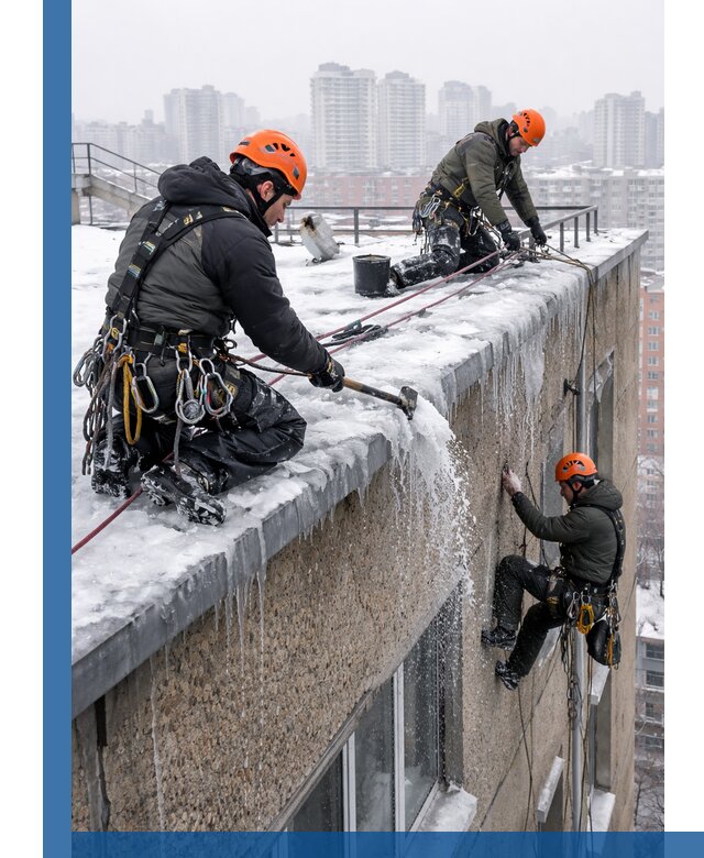 Удаление наледи с кровли в Изобильном промышленными альпинистами