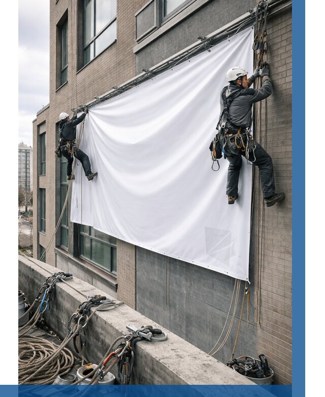 Монтаж баннеров на фасаде в Изобильном от 675 р. заказать ВЫСОТНИК-Збл