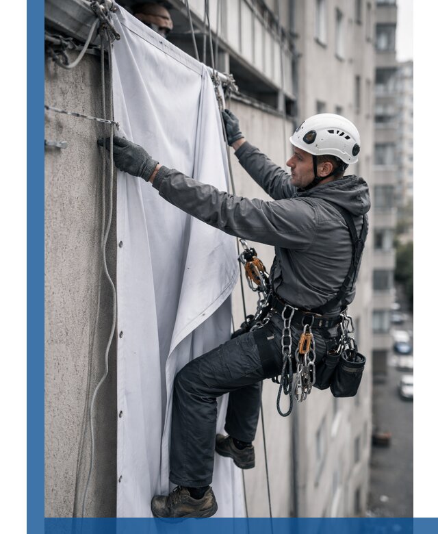 Замена баннерного полотна промышленными альпинистами в Изобильном
