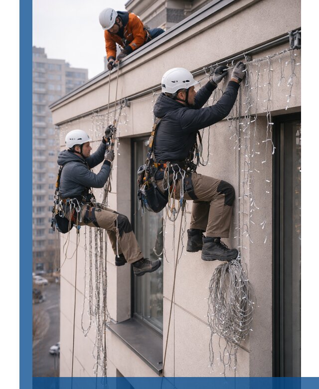 Монтаж праздничных гирлянд на фасаде в Изобильном для зданий