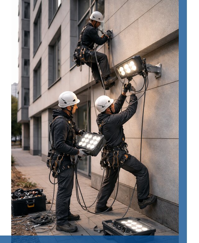 Монтаж прожекторов на фасаде в Изобильном от 7791 р. | ВЫСОТНИК-Збл