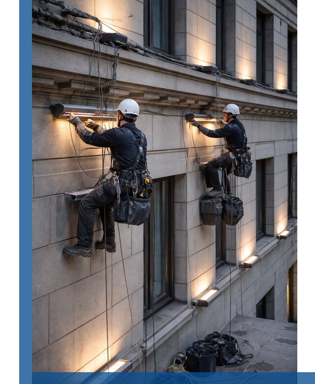 Монтаж архитектурной подсветки фасадов зданий в Изобильном