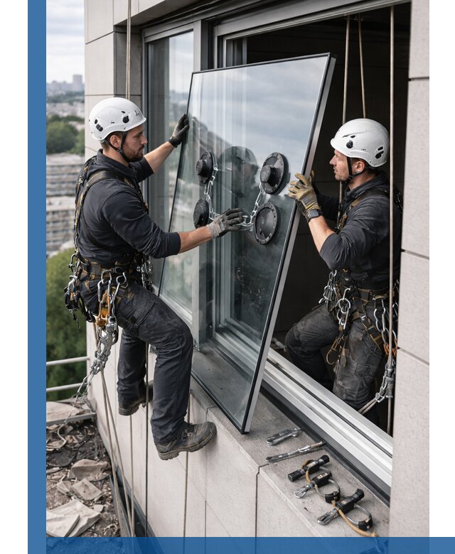 Замена стеклопакетов на высоте с промышленными альпинистами в Изобильном