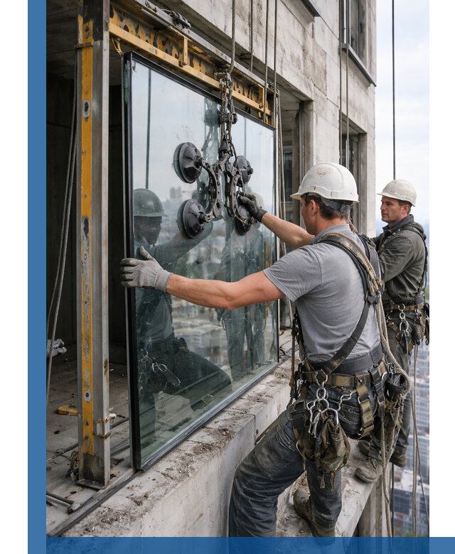 Монтаж стеклопакетов на высоте в Изобильном с промышленным альпинизмом