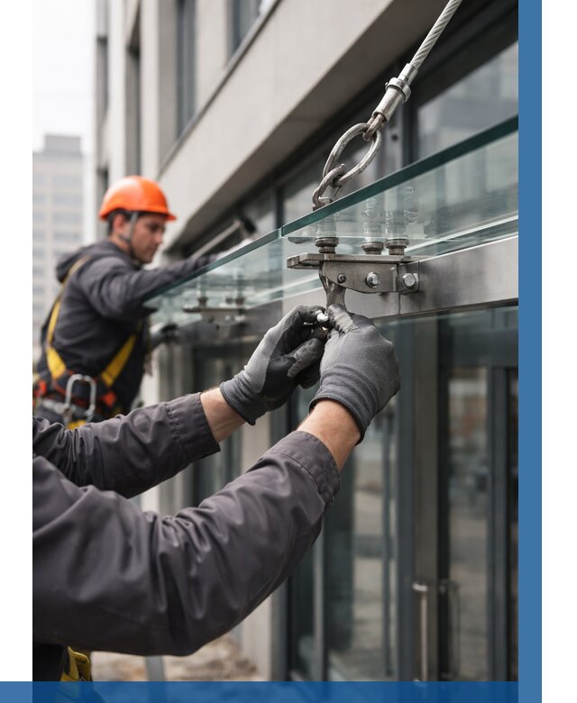 Монтаж стеклянных козырьков в Изобильном от 8830 р. | ВЫСОТНИК-Збл