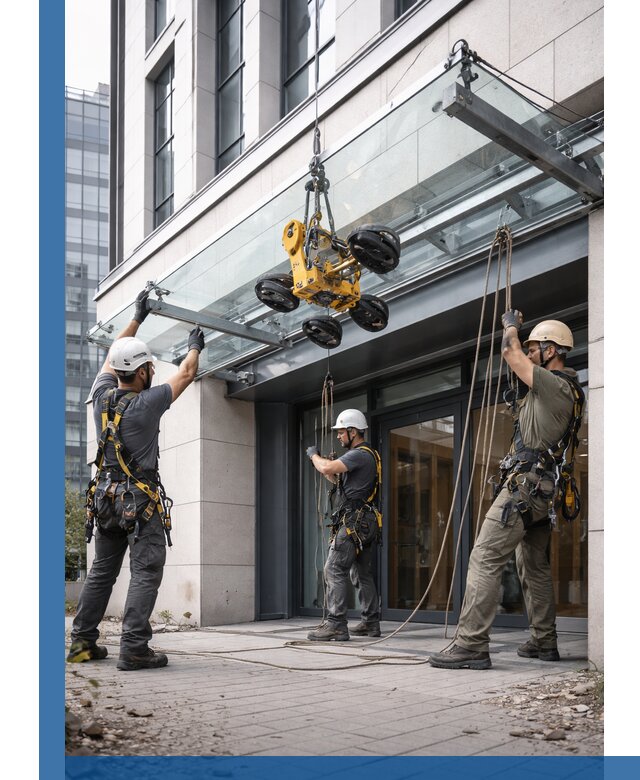 Монтаж стеклянных козырьков под ключ в Изобильном для зданий