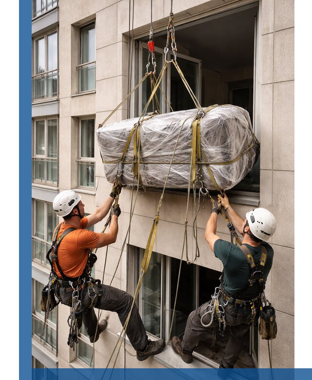 Подъем грузов через окно в Изобильном промышленными альпинистами